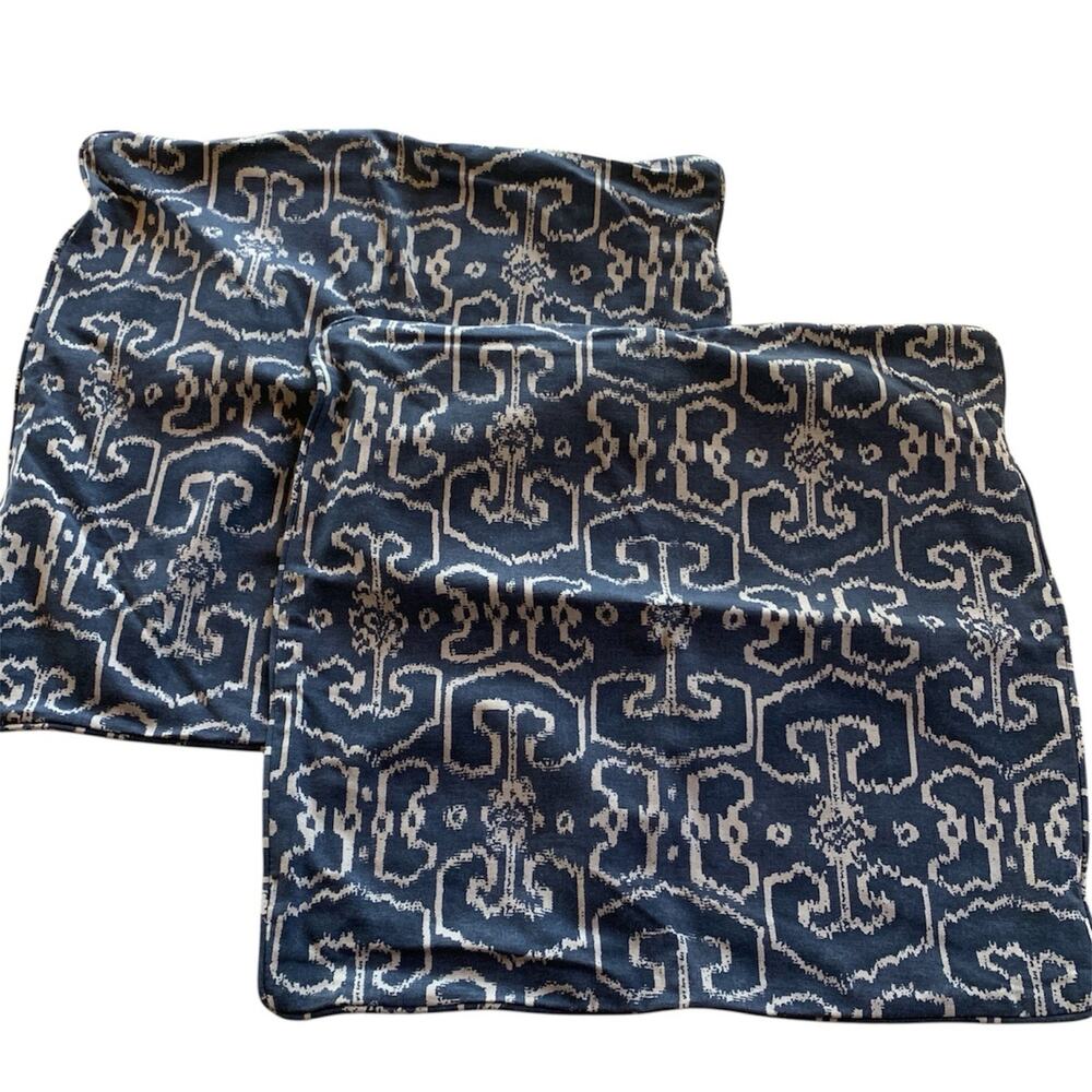 Set of 2 Custom Made Navy Blue Cream Ikat Cotton Pillow Covers 22 In Square